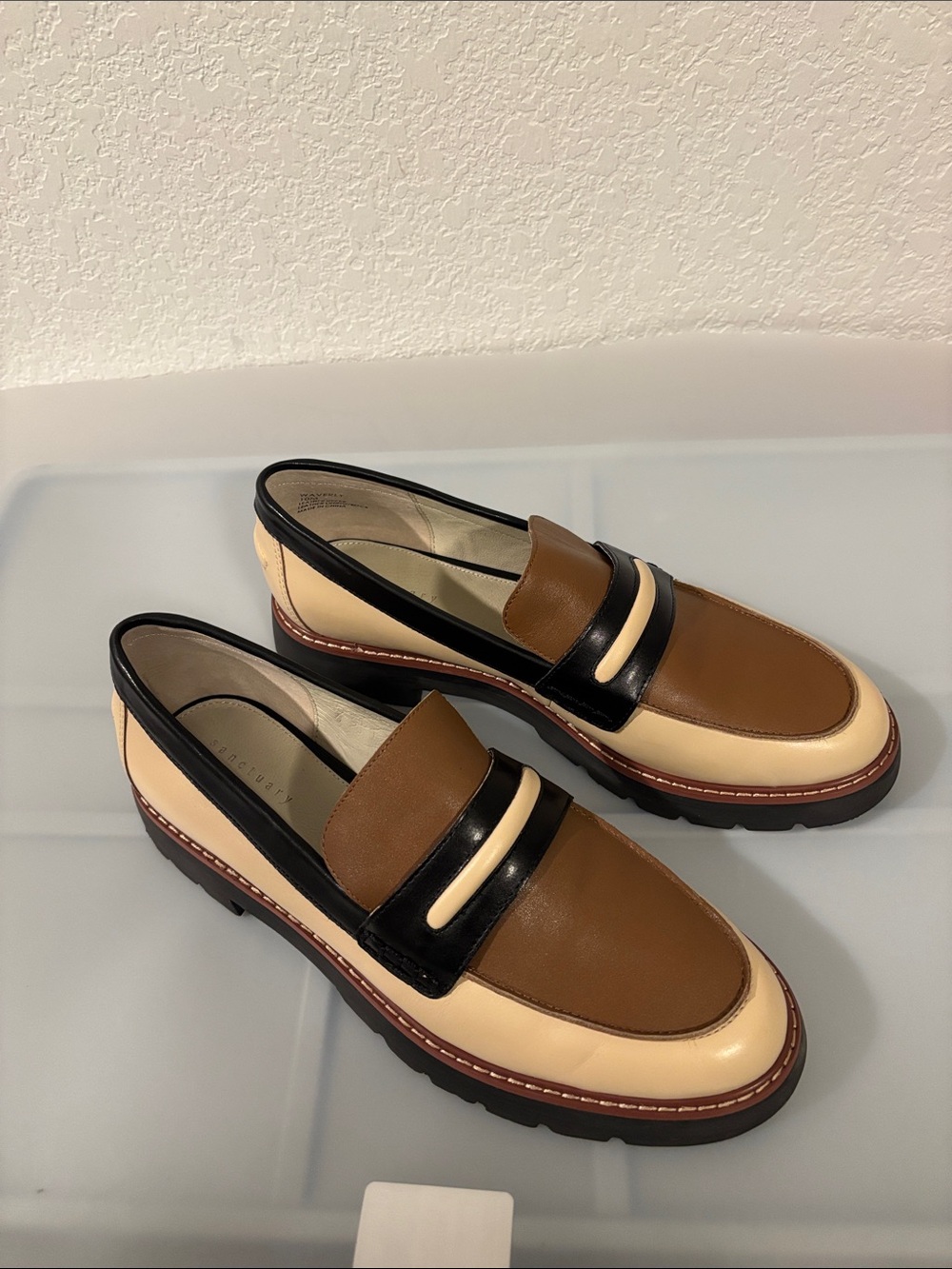 Sanctuary Waverly Brown, Cream &!Black Two-Tone Penny Loafers SZ 10 Color Block
